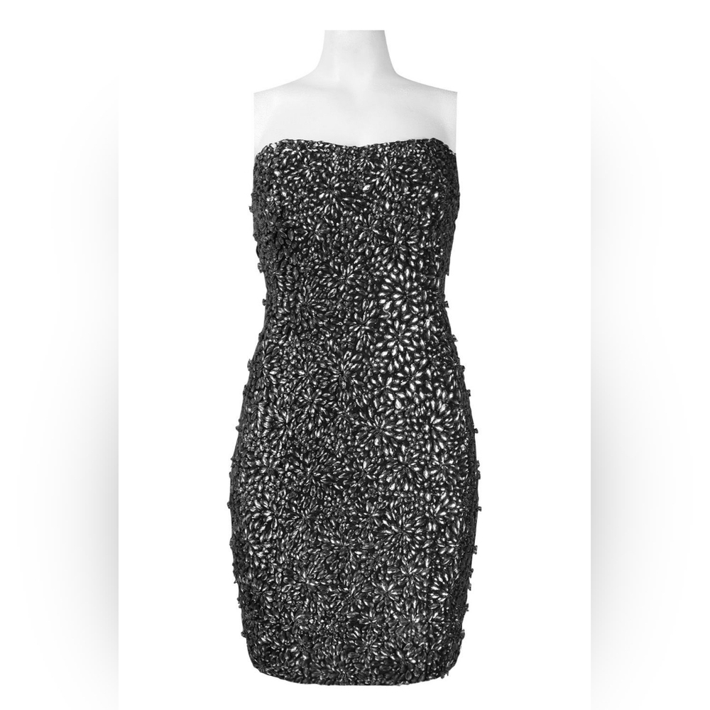 Theia Strapless All Over Rhinestone Detail Zip Back Silk Mesh Dress